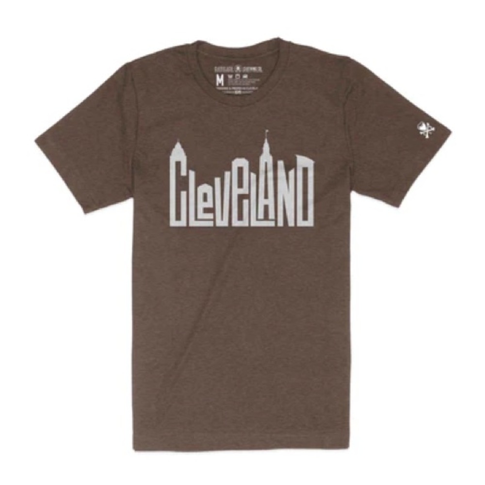 CLEVELAND SKYLINE LETTERS - MENS/UNISEX CREW T-SHIRT - HEATHER BROWN